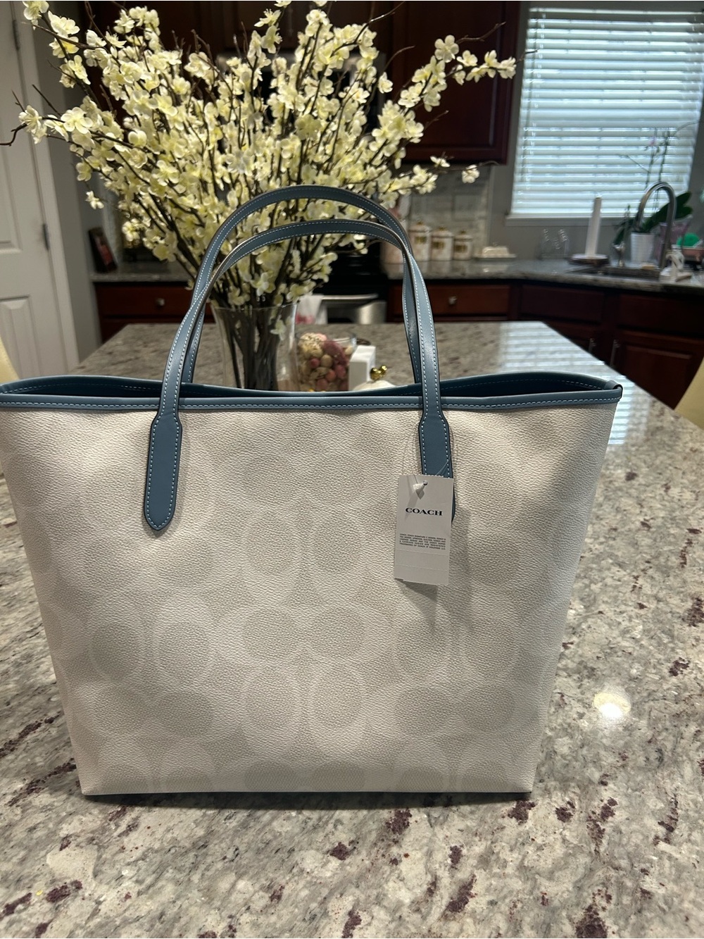 Coach White/Pale Grey/Blue Signature Tote with Blue Trim and Handles - Picture 2 of 6